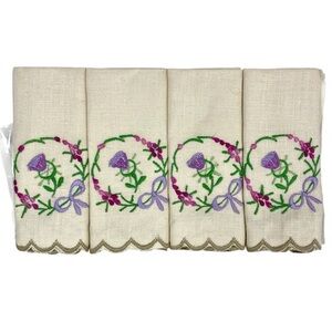 Vintage Embroidered Floral Handkerchiefs Scalloped Cotton 4 Pack NWT